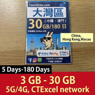 【中港澳實體SIM】3-30GB高速流量+無限數據 最長180日 (中國電信香港 CTExcel)
