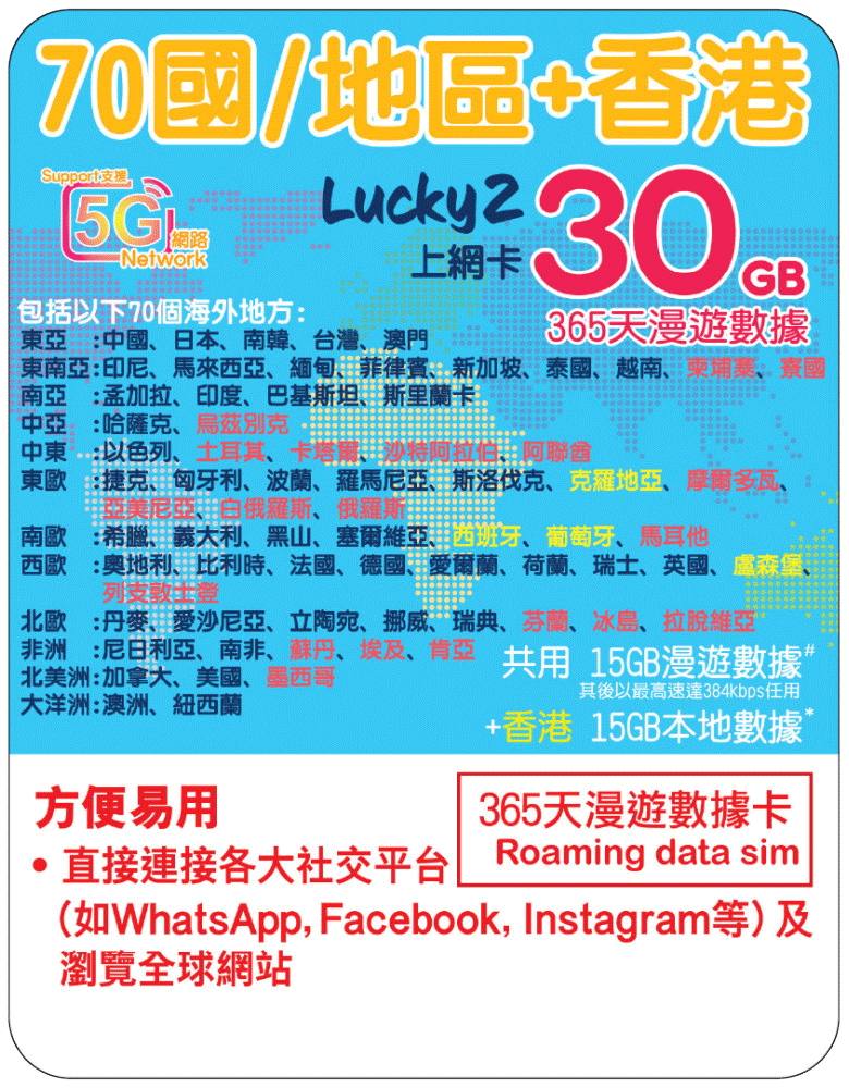 【Lucky2 eSIM】70國家/地區 365日 頭15GB其後384Kbps無限數據 + 香港15GB 旅遊數據卡