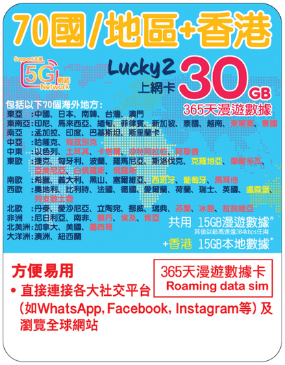 【Lucky2 eSIM】70國家/地區 365日 頭15GB其後384Kbps無限數據 + 香港15GB 旅遊數據卡