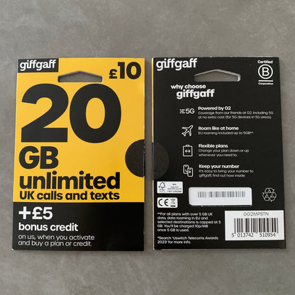 英國giffgaff SIM卡 白卡取得英國號碼  開卡送£5鎊儲值 可隨後增值/加購月費 (UK BlankSIM)