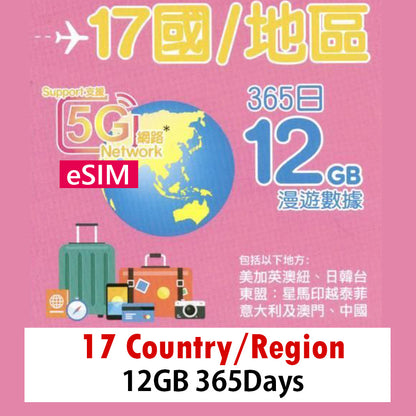 【Lucky2 eSim】17國/地區 365日12GB 5G/4G 旅遊數據卡