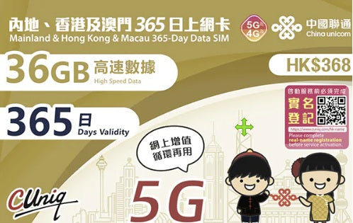 【聯通eSIM】香港、內地及澳門 365日 36GB上網卡